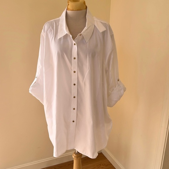 New! Calvin klein plus size 3X white roll tab long sleeve non iron cotton shirt. - Picture 4 of 12